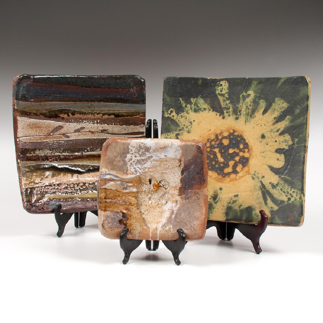 David Shaner (1934-2002) Ceramics: David Shaner (1934-2002) Ceramics Untitled Plaques three ceramics 20th century one signed on underside largest 14 x 14 in.