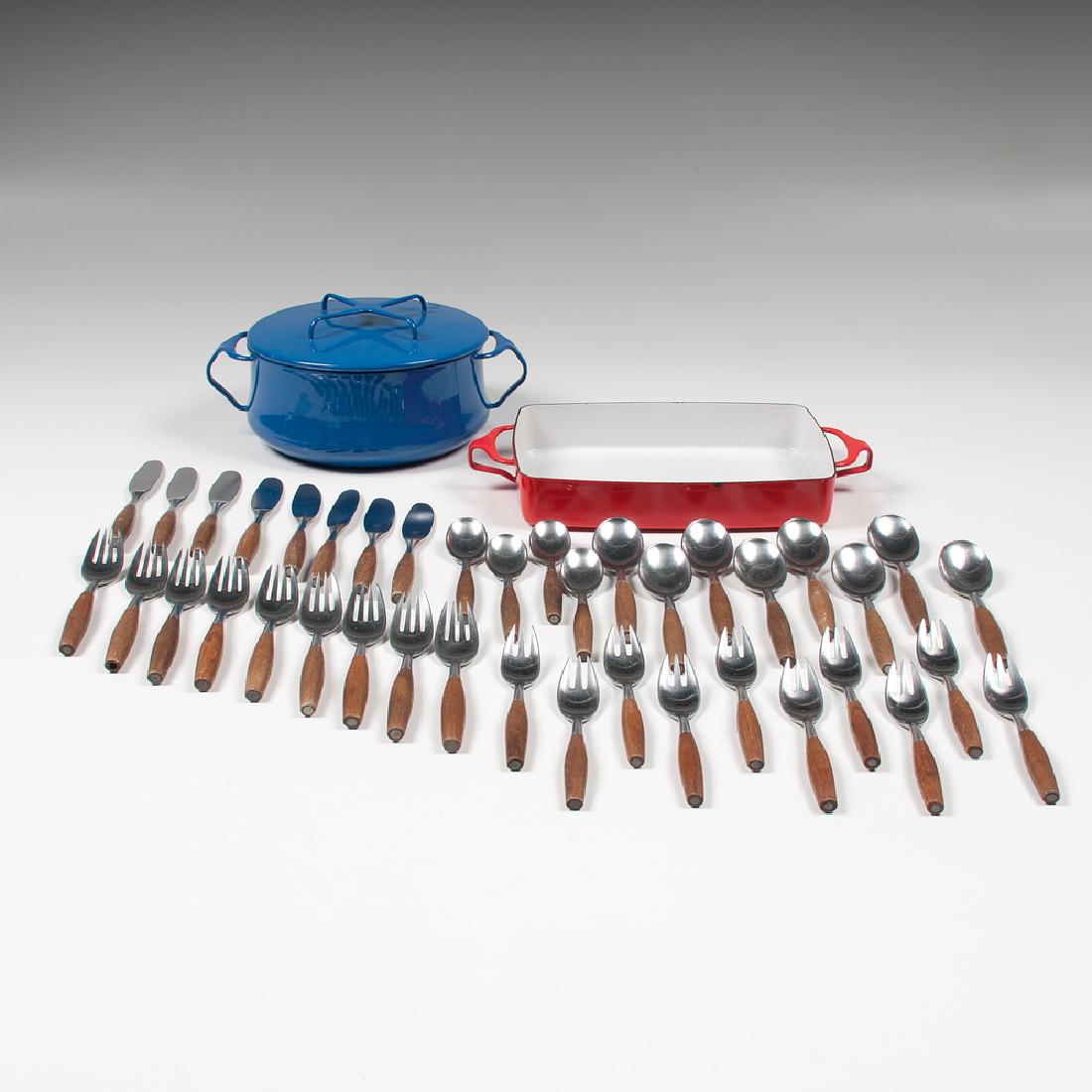 Dansk Enameled Cookware and Stainless Flatware: Dansk Enameled Cookware and Stainless Flatware Continental, 20th century. Forty-one tablewares by Dansk, including a set of thirty-nine pieces of stainless flatware in Fjord pattern (eight dinner kniv