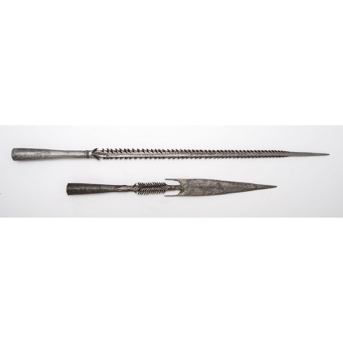 Lot of Two African Spearheads: Lot consists of two African spearheads measuring 13.75" and 20.75". Consistent with types used by the Azande people of North Central Africa.