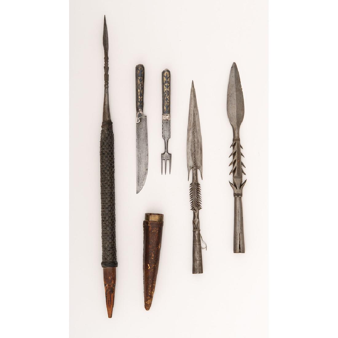 Niello Travelling Silverware Set: Travelling knife and for set in leather case. Handles show niello geometric design with brass tone accents. Knife appears to be marked on blade with Arabic character. Possibly Ottoman.