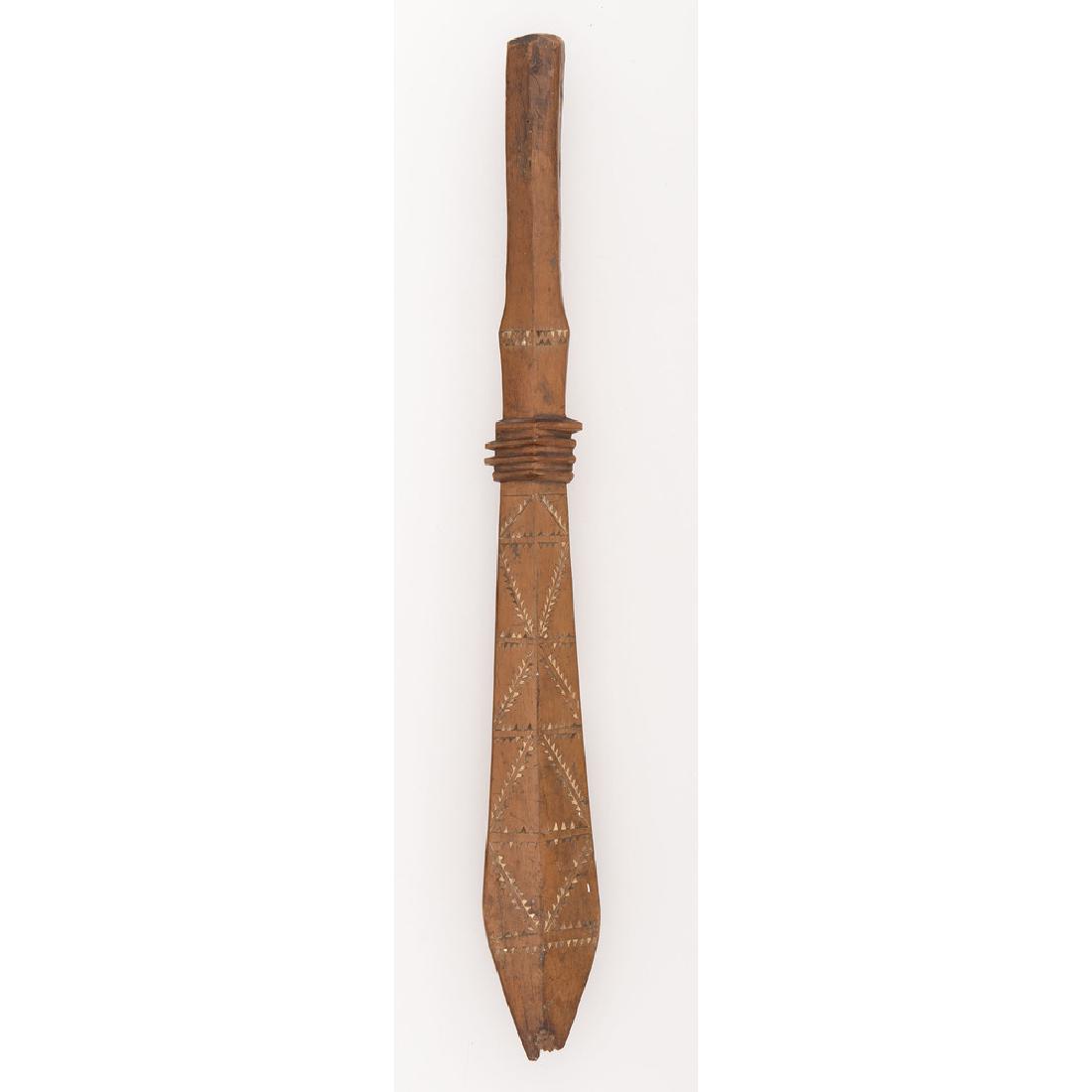 Fijian War Club, Deaccessioned From the Hopewell: 30" overall length with diamond cross-section. Inlaid throughout with bone inlay in repeating triangle patterns reminiscent of shark teeth. Provenance: Deaccessioned From the Hopewell Museum, Hopewe