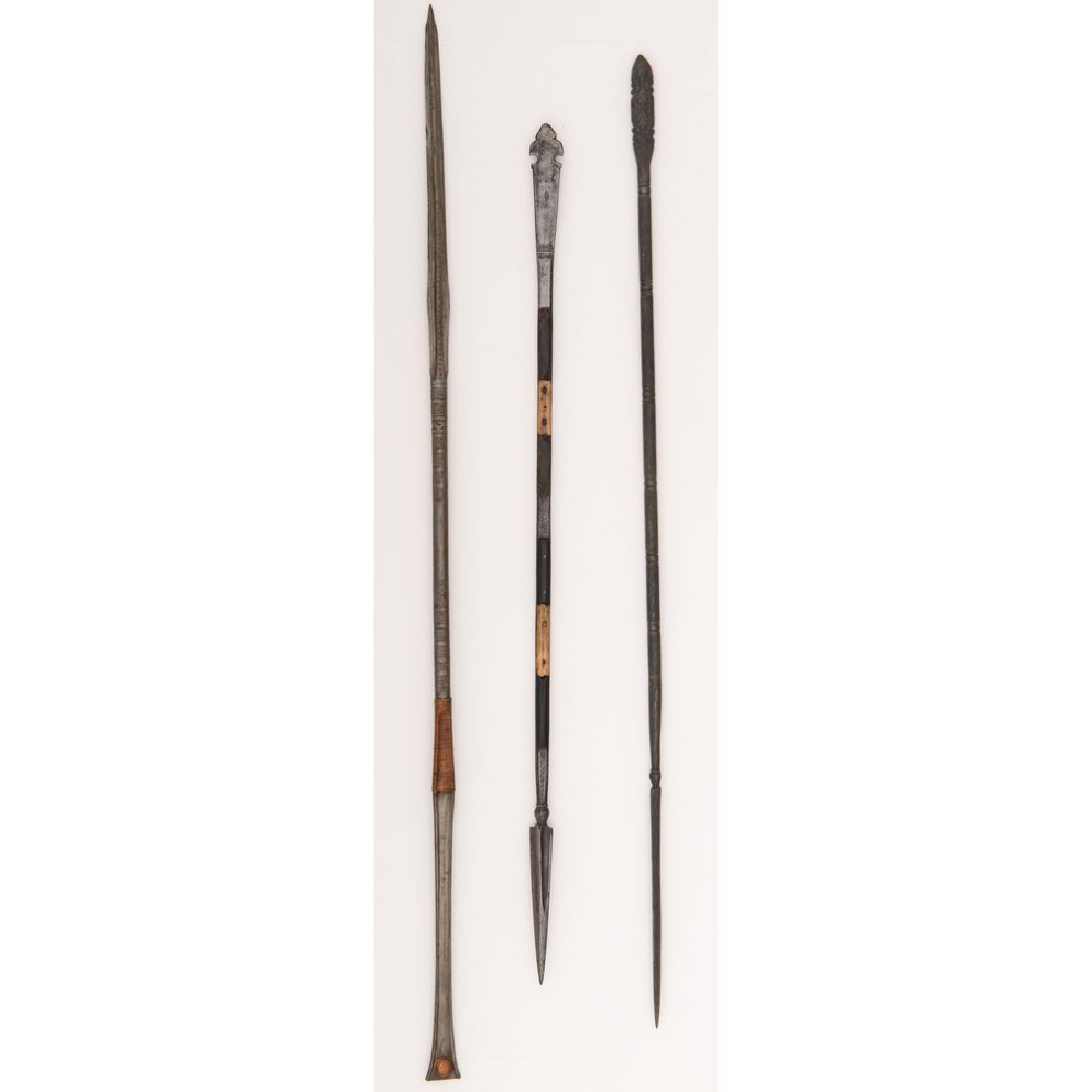 Assorted Lot of Three Ethnographic Spears: First item 41.5" and has a handle with a brass domed inset and brass wiring. Second item 37" with niello rendered patterns - possibly of Indian origin. Third item 33" with shaft composed of bone and h