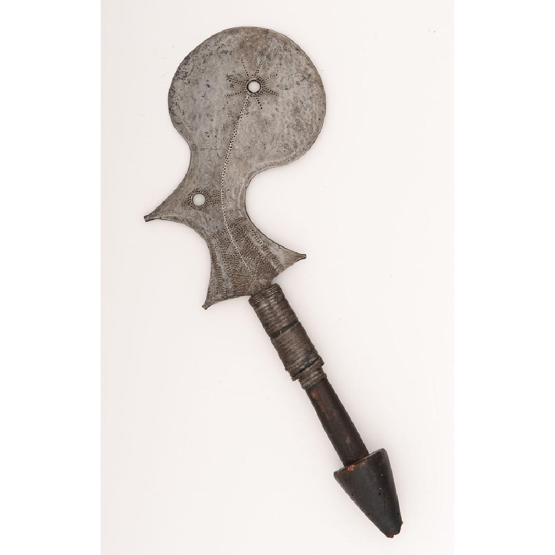 Lot of Two Unusual African Swords: First item is a 31" Mambele sickle sword from the Azande Tribe. Wood handle wrapped with copper strips. Blade is in excellent condition with a thick spine. Second item ceremonial knife of the Momvu tr