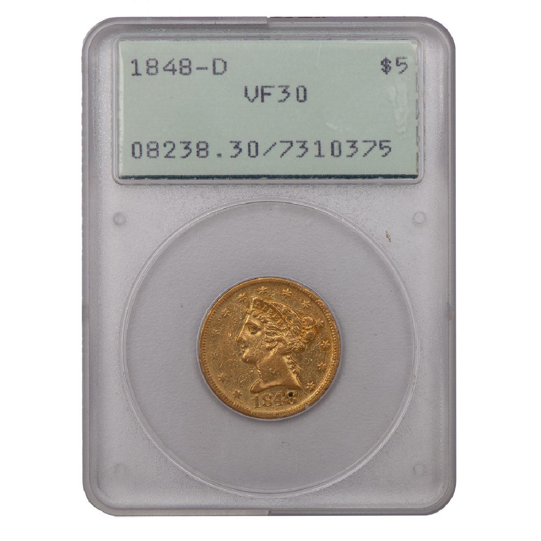 United States $5 Gold Liberty Head 1848-D, PCGS VF30 (1 of 2)