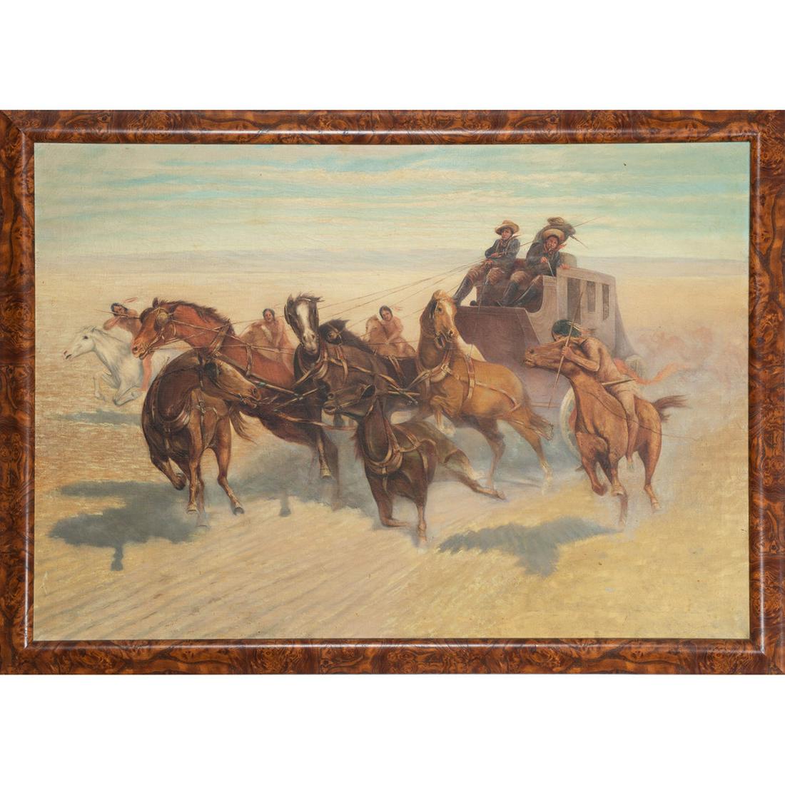 Western Painting, After Frederic Remington (American,: American, 20th century. Oil on canvas, housed in a burl frame. After Remington's Downing the Nigh Leader , unsigned; 27.25 x 39.25 in. (sight), 31.5 x 43.5 in. (frame). Provenance: From the collection