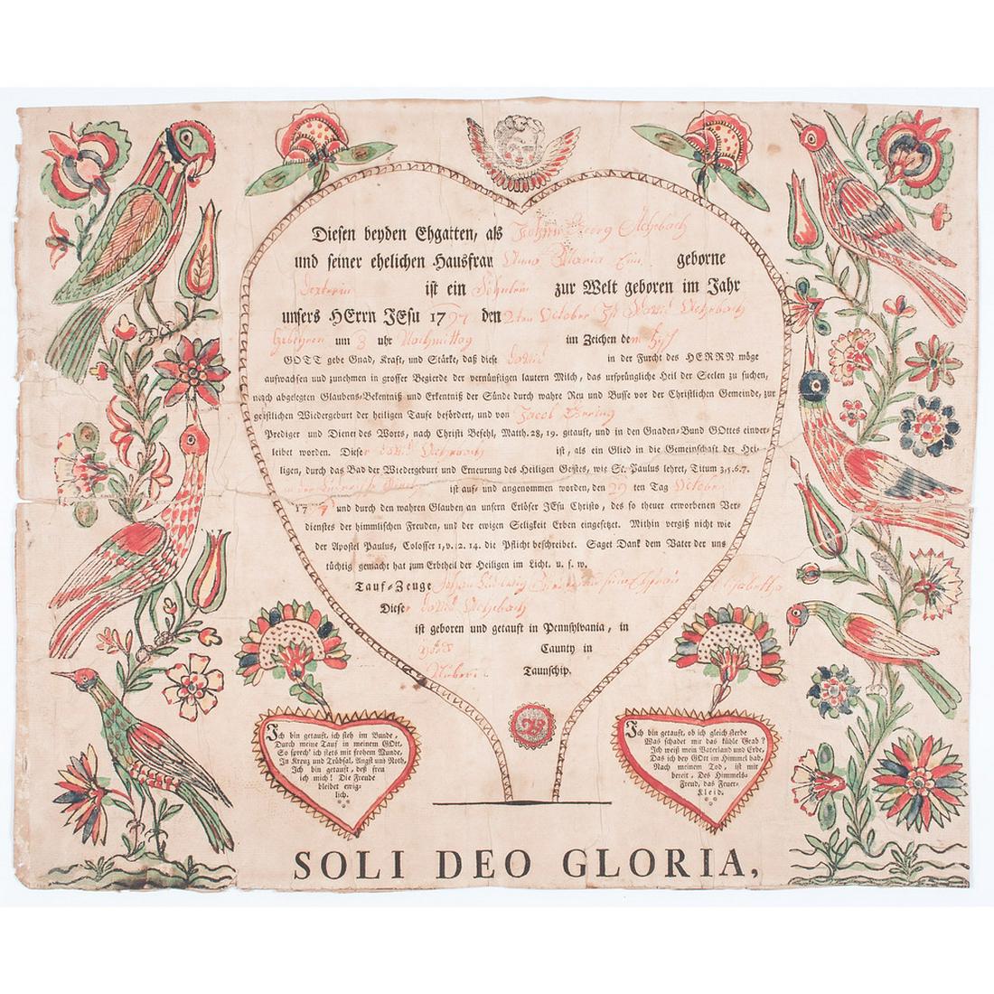 Pennsylvania Baptismal Certificates: American (Pennsylvania), 18th-19th century. Three frakturs including a framed 1797 hand-colored baptismal record, no indication of printer, attached to a piece of Lutheran Sunday School Herald, an unf