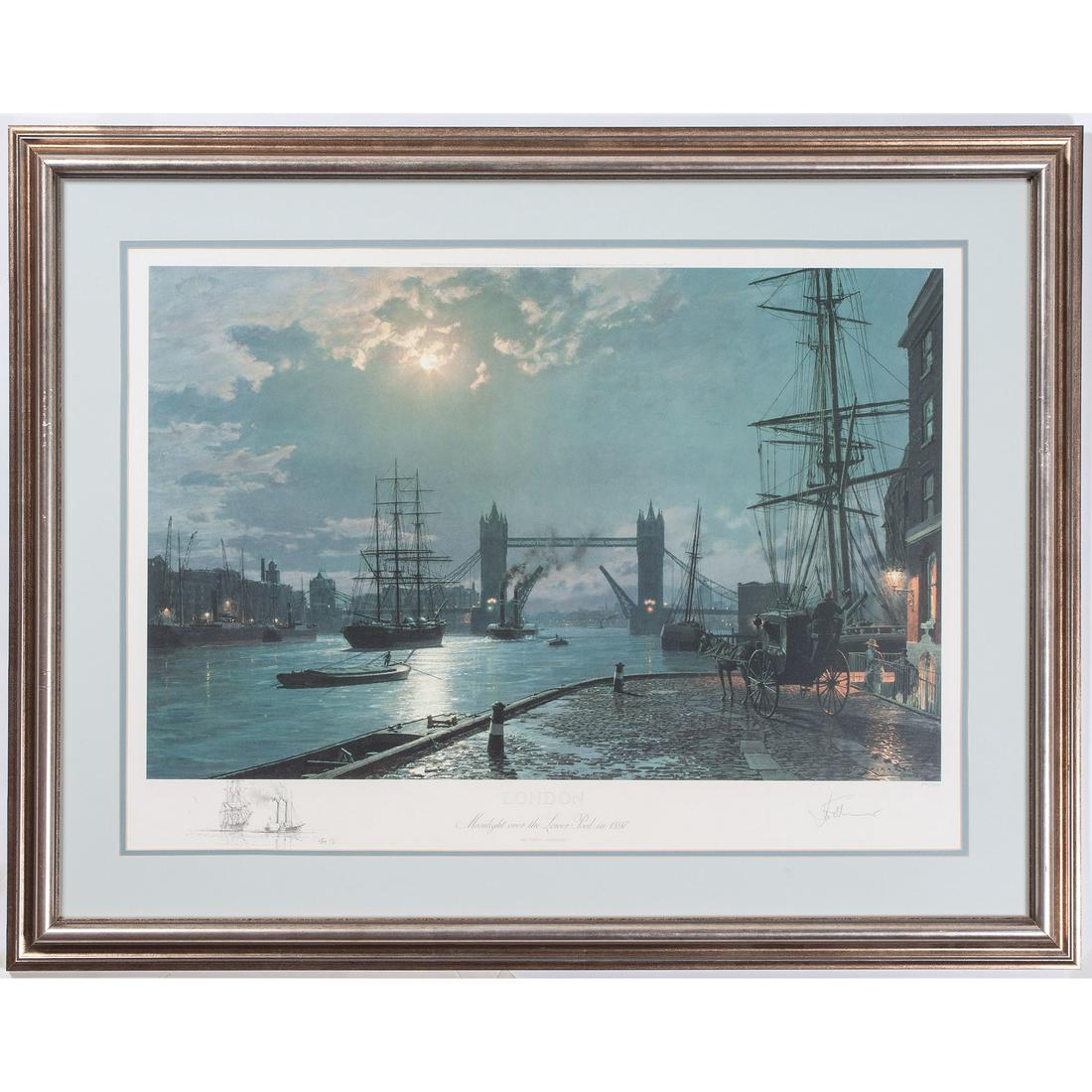 John Stobart (British-American, b. 1929): 20th Century. Two limited edition lithographs, matted and framed, one titled Newport Beach and the other London: Moonlight Over the Lower Pool in 1897 . Each signed and number in pencil, l.r.; Newpor