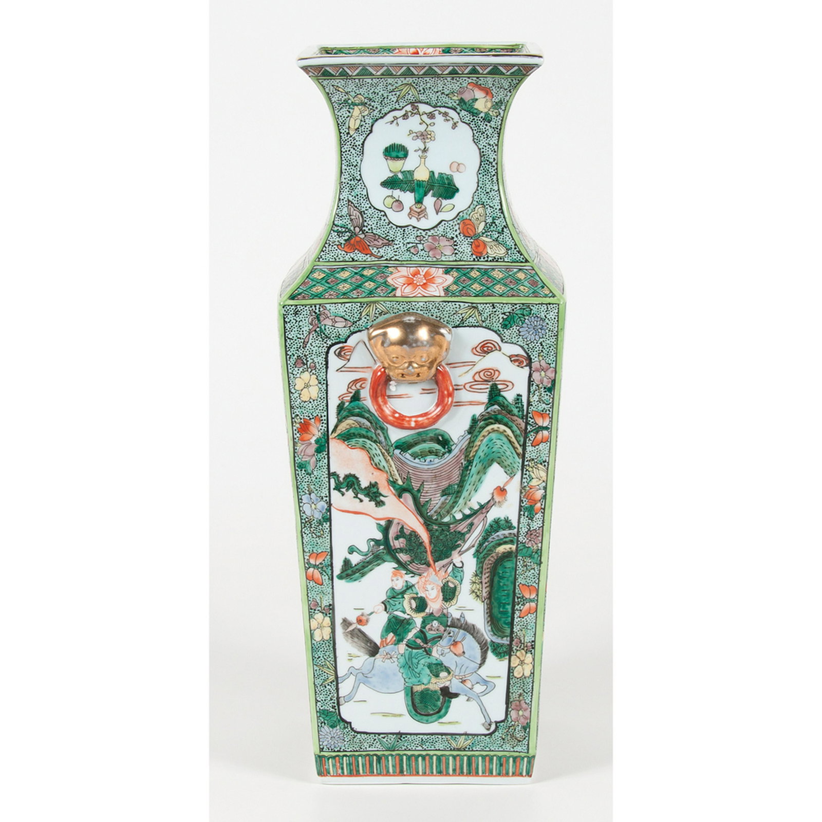 Chinese Famille Verte Vase: Chinese Famille Verte Vase Chinese, late 19th-early 20th century. A square baluster porcelain vase with famille verte decoration, with iron red character marks to underside; ht. 18.75, wd. 8.25, dp. 7