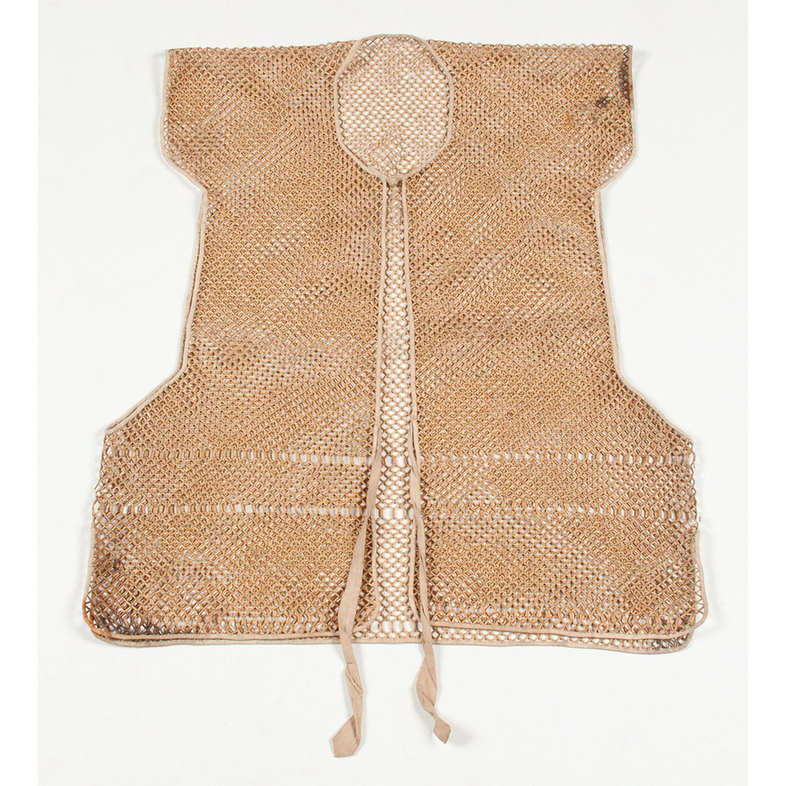 Chinese Bamboo Vest: Chinese Bamboo Vest Chinese. An openwork bamboo vest in a fishnet pattern, with fabric edging; lg. 22.5, wd. 20 in.