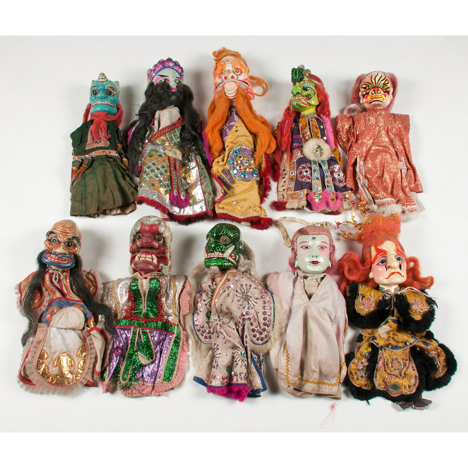 Chinese Opera Puppets: Chinese Opera Puppets Chinese. Ten puppets, each with carved and painted face and decorated textile garment; each approximate ht. 18, wd, 4.5, dp. 5 in.