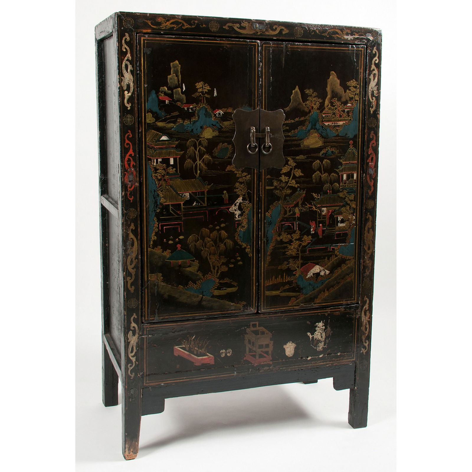 Chinese Mid-20th Century Hand-Painted Cabinet: Chinese Mid-20th Century Hand-Painted Cabinet Chinese, mid-20th century. A cabinet with hand-painted design of genre and nature scenes, having rectangular top over two cabinet doors with brass pulls,