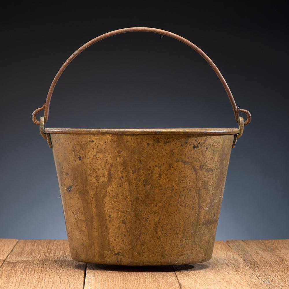 American Brass Kettle Manufacturers, From the James B.: marked on base; wrought iron swing handle, height 8 in. x diameter 11.75 in. 19th century
