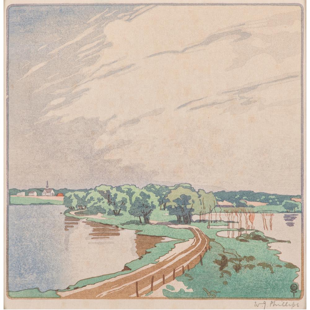 Walter Joseph Phillips (Canadian,1884-1963): Red River Road woodcut signed in pencil l.r. matted, unframed 8.25 x 8.5 in. (sight) 16 x 15.25 in. (mat)