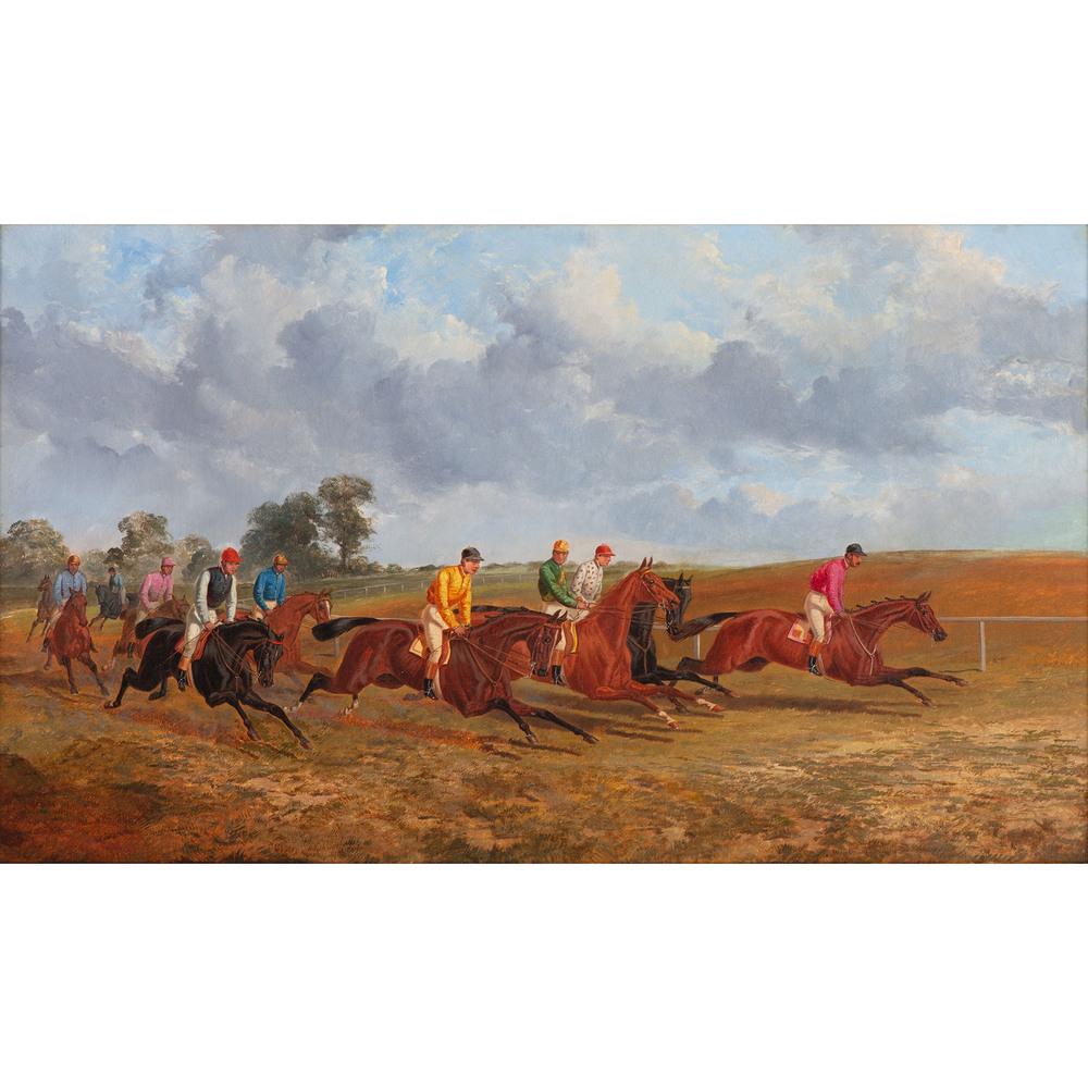 Attributed to Benjamin Herring, Jr. (English,: The Struggle for Victory and Place oil on canvas unsigned Robert C. Vose Gallery label on reverse with artist attribution and title framed 14.5 x 24.5 in. (sight) 18.5 x 28.5 in. (frame)
