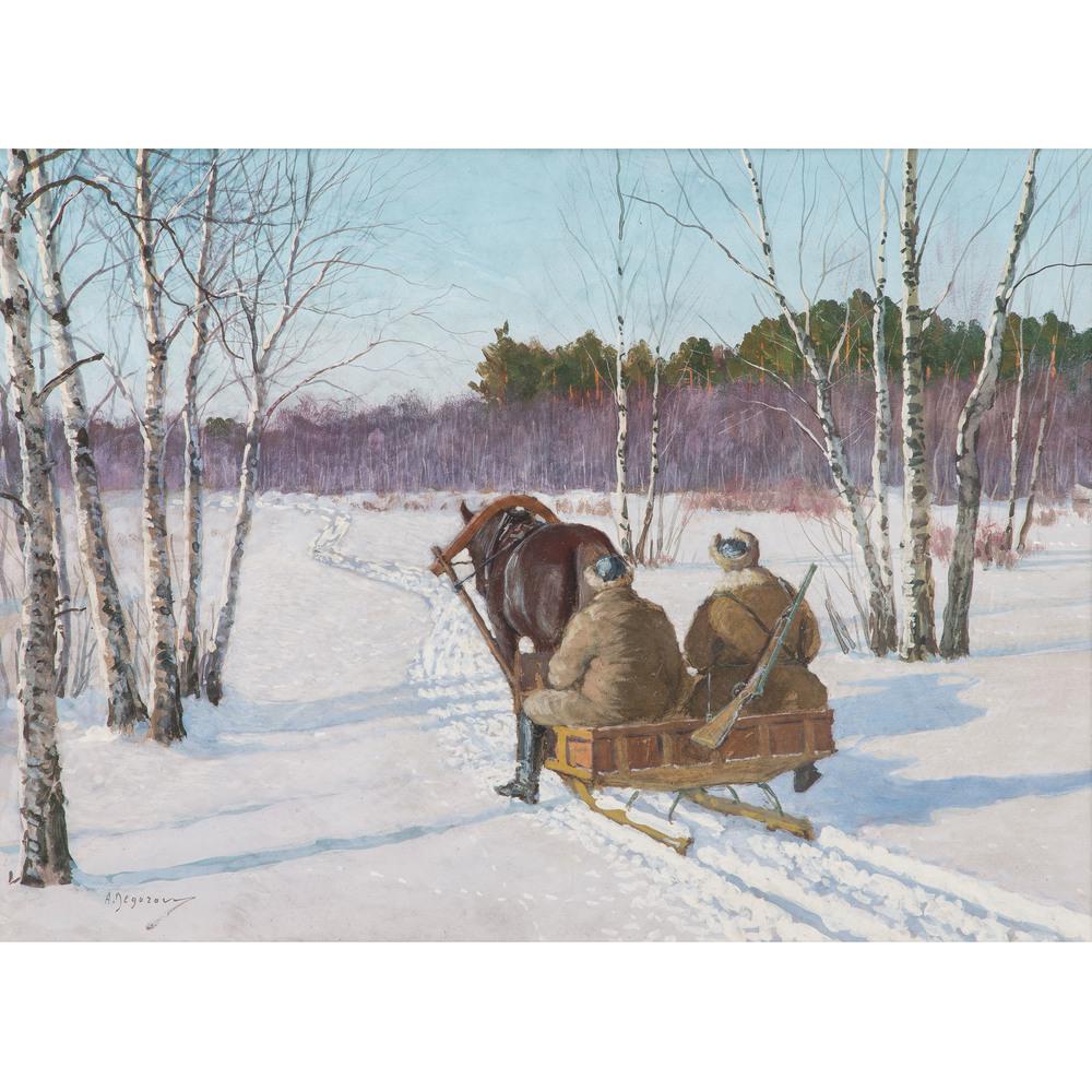 Andrei Afanasievich Egorov (Russian 1878-1954): Winter Scene with Horse-Led Sled gouache signed l.l. framed 13.25 x 18.25 in. (sight) 23.25 x 27.5 in. (frame)