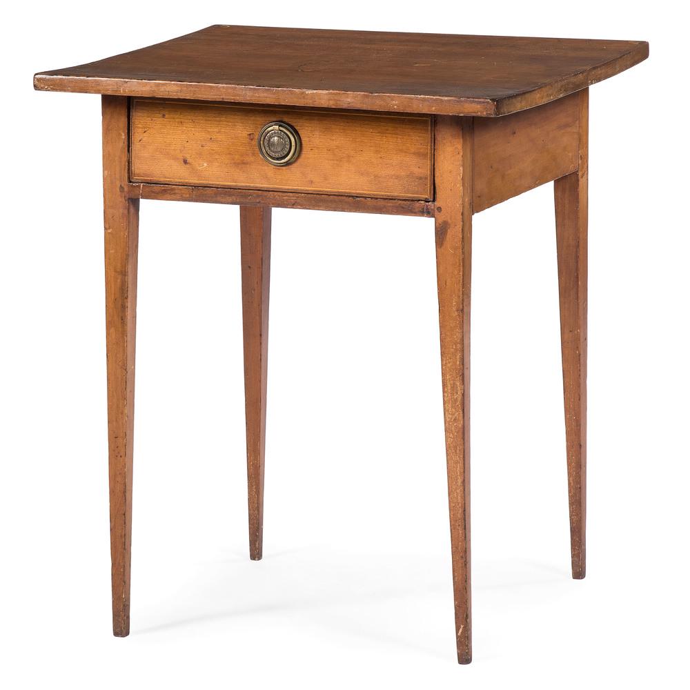 Southern Hepplewhite Inlaid One Drawer Stand: American, 19th century. A Hepplewhite one drawer stand in cherry, the line inlaid surface board decorated with central and corner fan inlay, above a single dovetailed drawer with brass pull, rising on