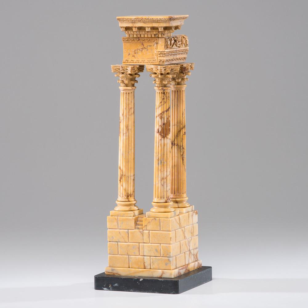 Grand Tour Model of Temple Of Vespasian Ruins: Continental, 19th century. A Grand Tour model of the Temple of Vespasian ruins, carved from Giallo Siena marble, with partial inscription ESTITUER to frieze. On a black marble base; ht. 16.5 in. (not