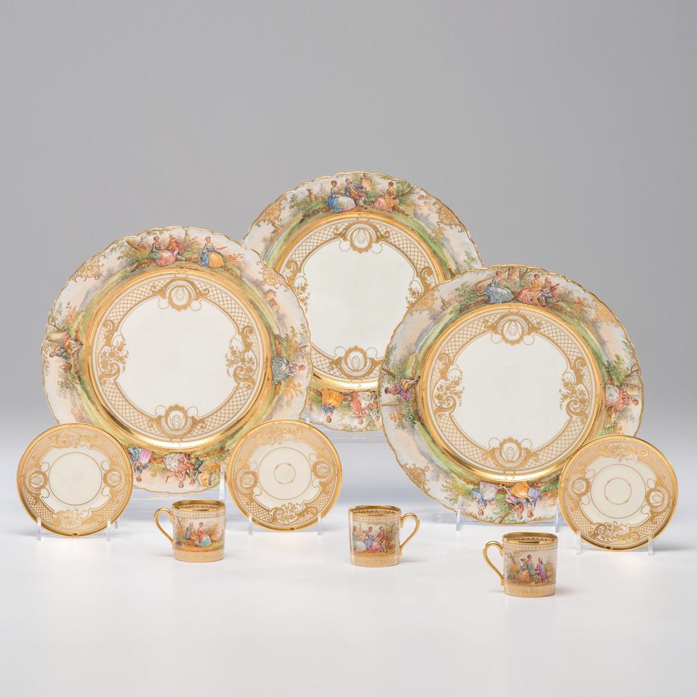 Dresden Ambrosius Lamm Hand-Painted Porcelain Service: German. A Dresden Ambrosius Lamm hand-painted porcelain thirty-piece service with polychrome decoration of courtship scenes and heightened gilt decoration, including twelve demitasse cups and saucers