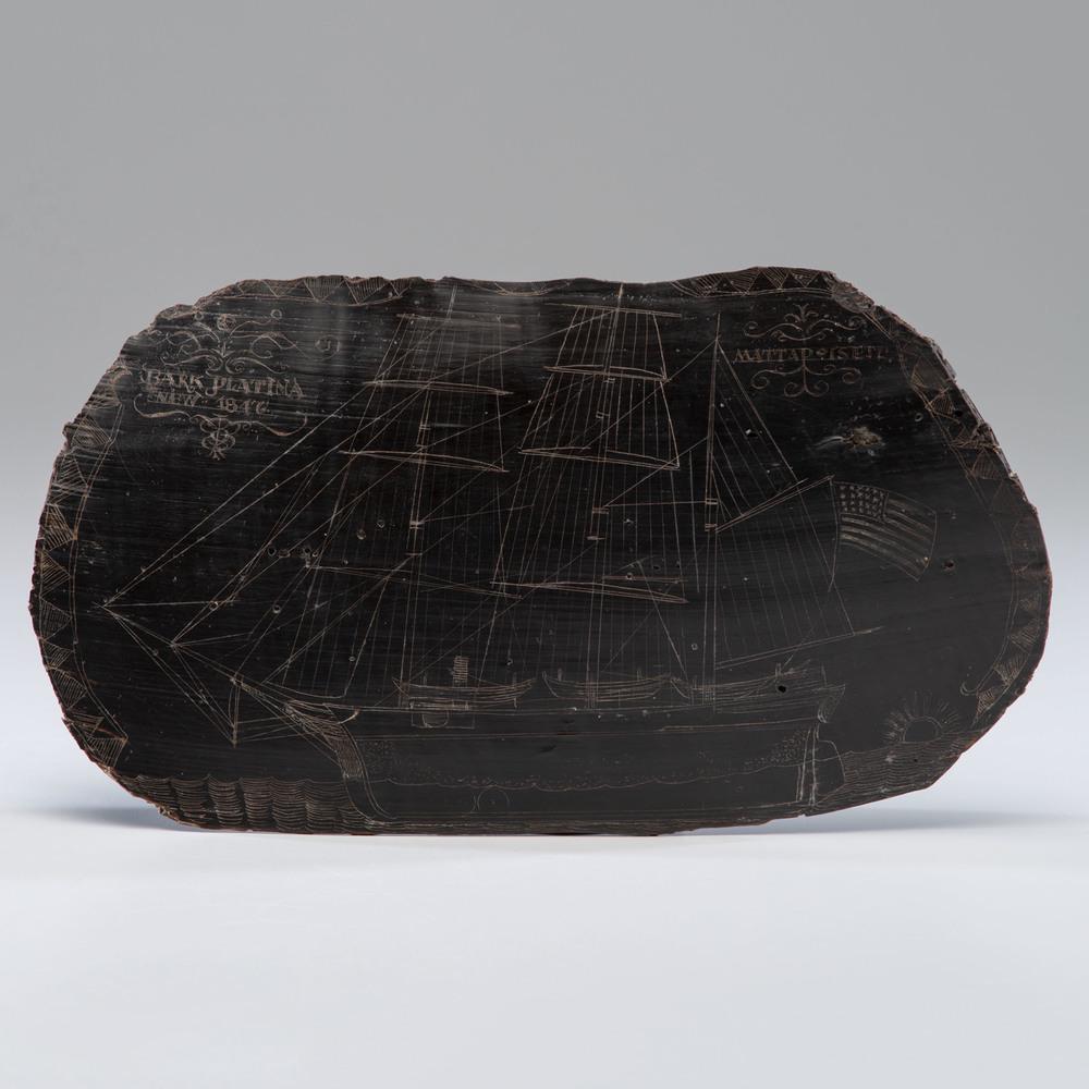 Scrimshaw Baleen with the Bark Platina: A scrimshaw depiction of the Bark Platina, carved on a baleen panel, identifed in the upper left corner and dated 1846, and with the city of Mattapoisett engraved in the upper right, the ship flying a