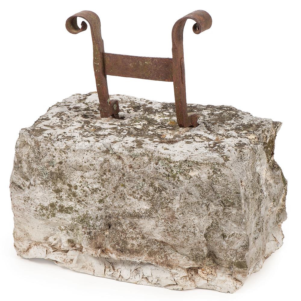 Tennessee Boot Scrape: American (Tennessee, likely Claiborne County), early 19th century. A wrought iron boot scrape with ram's horn terminals, anchored on a Tennessee limestone block; oah. 14 in., base lg. 12, wd. 9.5 in.