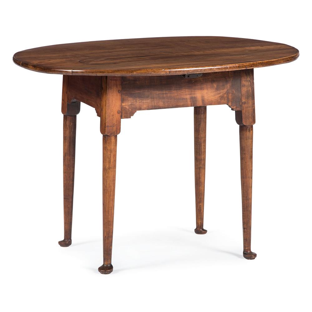 American Queen Anne Tavern Table: American (New England), 18th century. A Queen Anne tavern table in maple, having a one board top, rising on straight legs with pad feet, with traces of old green paint on underside; ht. 26, wd. 37, dp