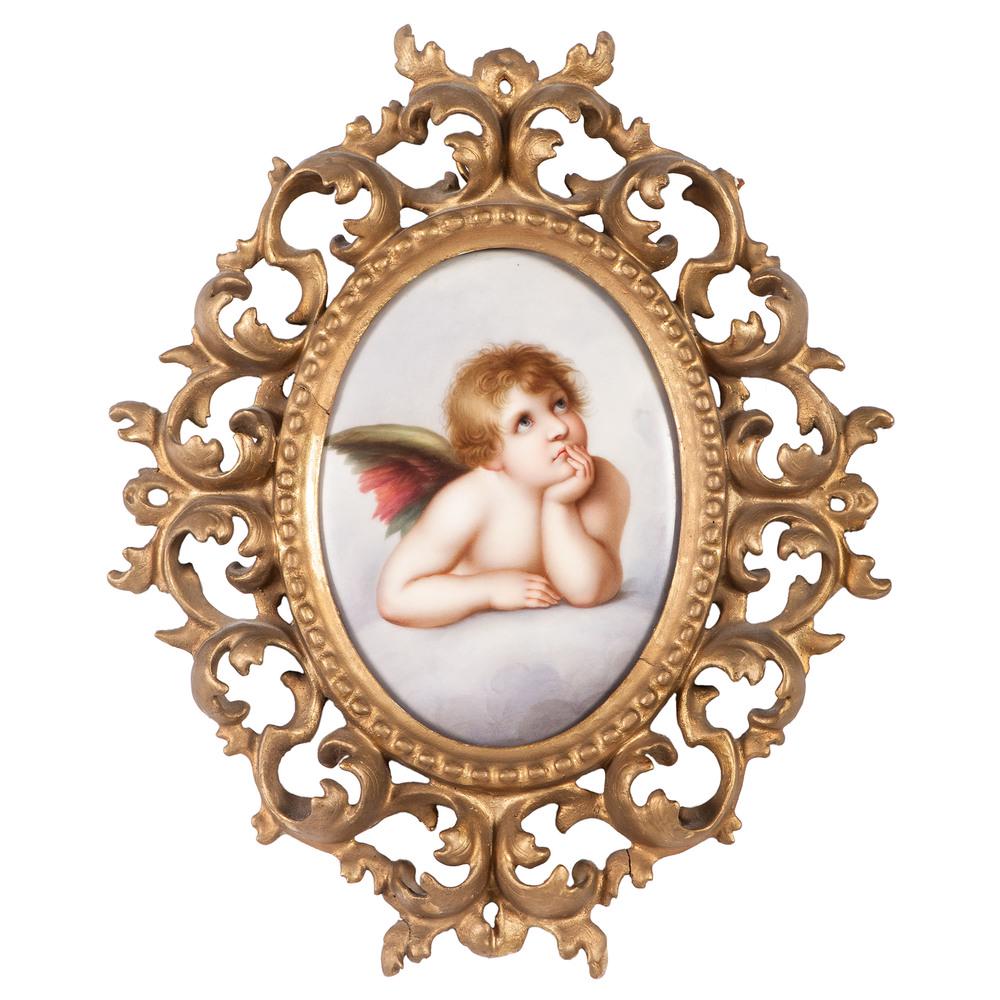 KPM Porcelain Plaque of a Cherub, After Raphael: Continental. A hand-painted KPM porcelain plaque of a cherub, after a detail from Raphael's Sistine Madonna. With impressed mark to back and housed in an ornate giltwood frame; plaque 6.75 x 5.25 in.,