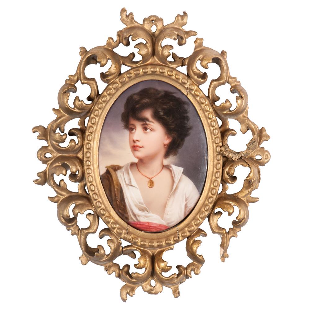 Porcelain Plaque of a Neapolitan Boy, After Richter: Continental, early 20th century. A hand-painted porcelain plaque, possibly KPM, after Gustav Richter's Neapolitan Boy, with hand-written notes to back. Housed in an ornate giltwood frame; plaque 6.75