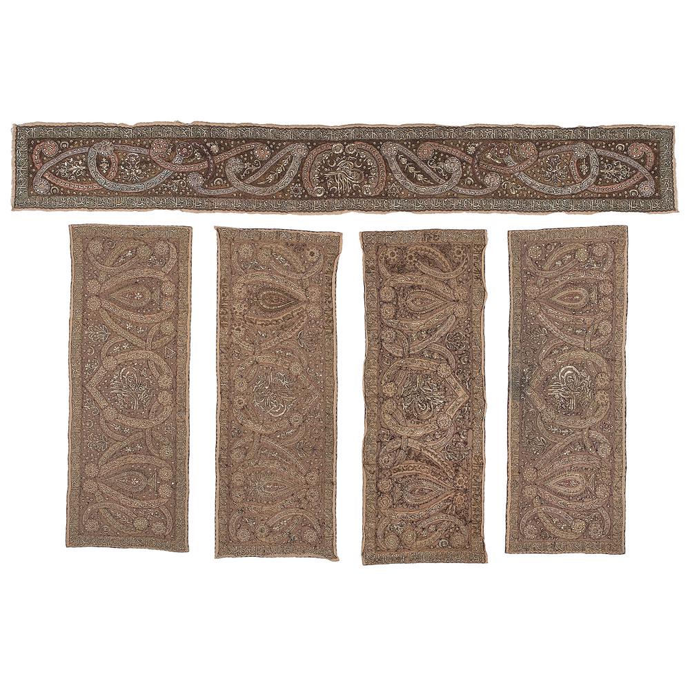 Five Turkish Ottoman Silk Embroidered Panels: Turkish, 19th century. A group of five silk hand-embroidered panels with metallic thread, decorated with Islamic motifs and stylized Arabic script; four panels 60 x 21.5 in. (each), and one panel 116 