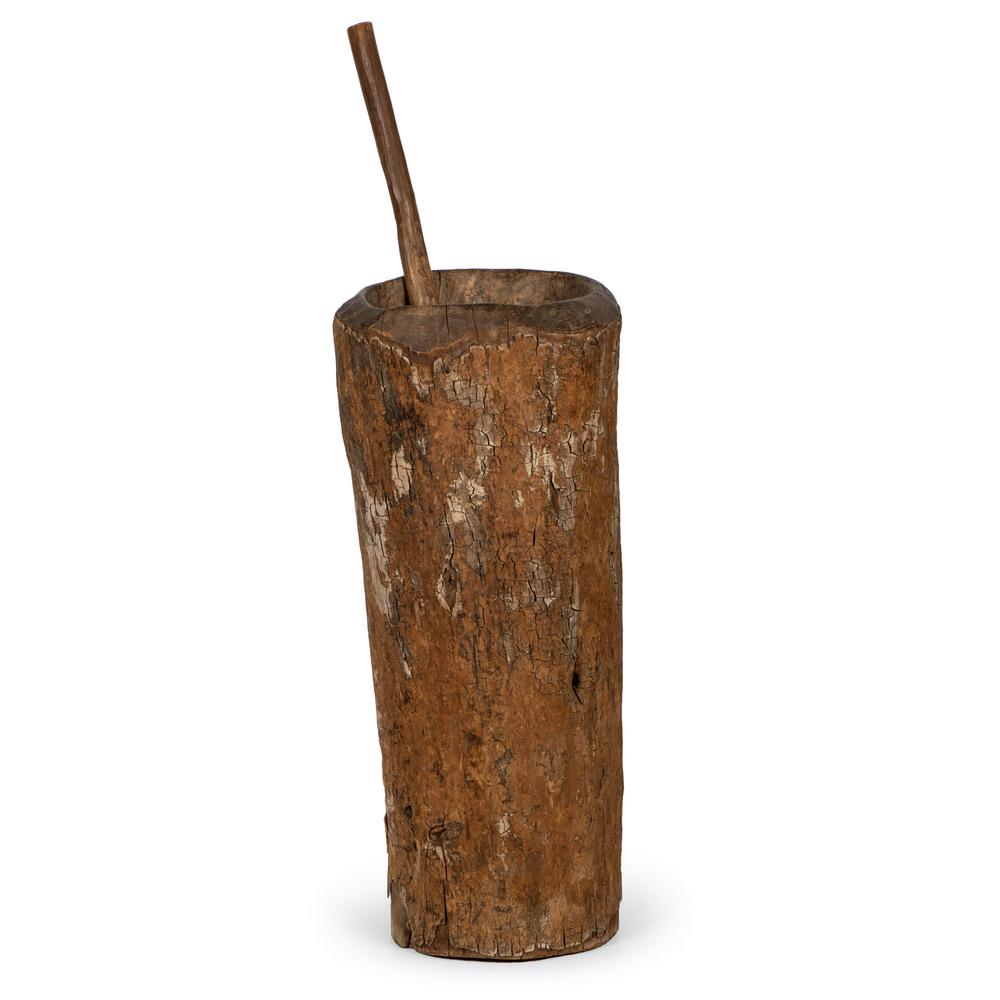 Haudenosaunee (Iroquois) Wood Mortar and Pestle: mortar carved from a tree; heavy patina along opening and on pestle handle, height 38.5 in. x diameter 17 in.; pestle, length 32.25 in. 19th century