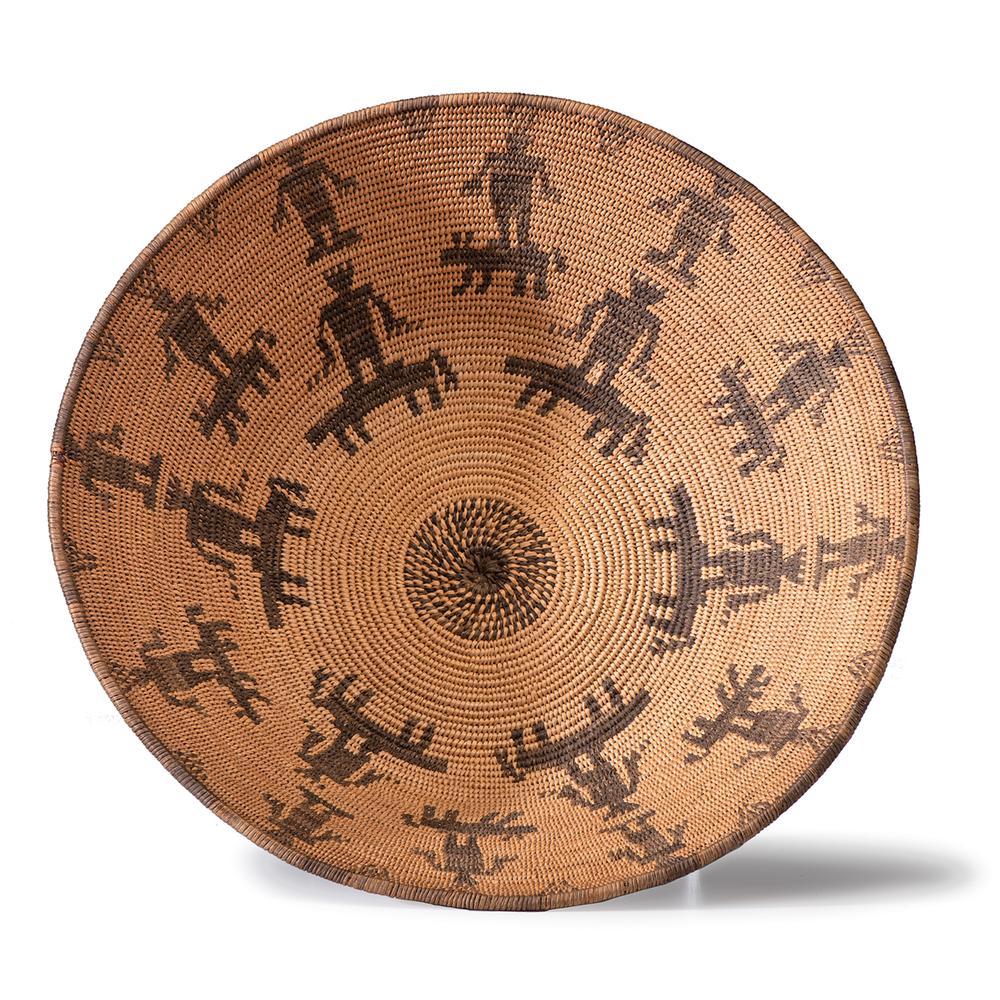 Apache Pictorial Basket, From the Stanley B. Slocum: 18 human figures and 12 dogs, height 4.5 in. x diameter 15.25 in. early 20th century Provenance: From the Stanley Slocum Collection, Minnesota