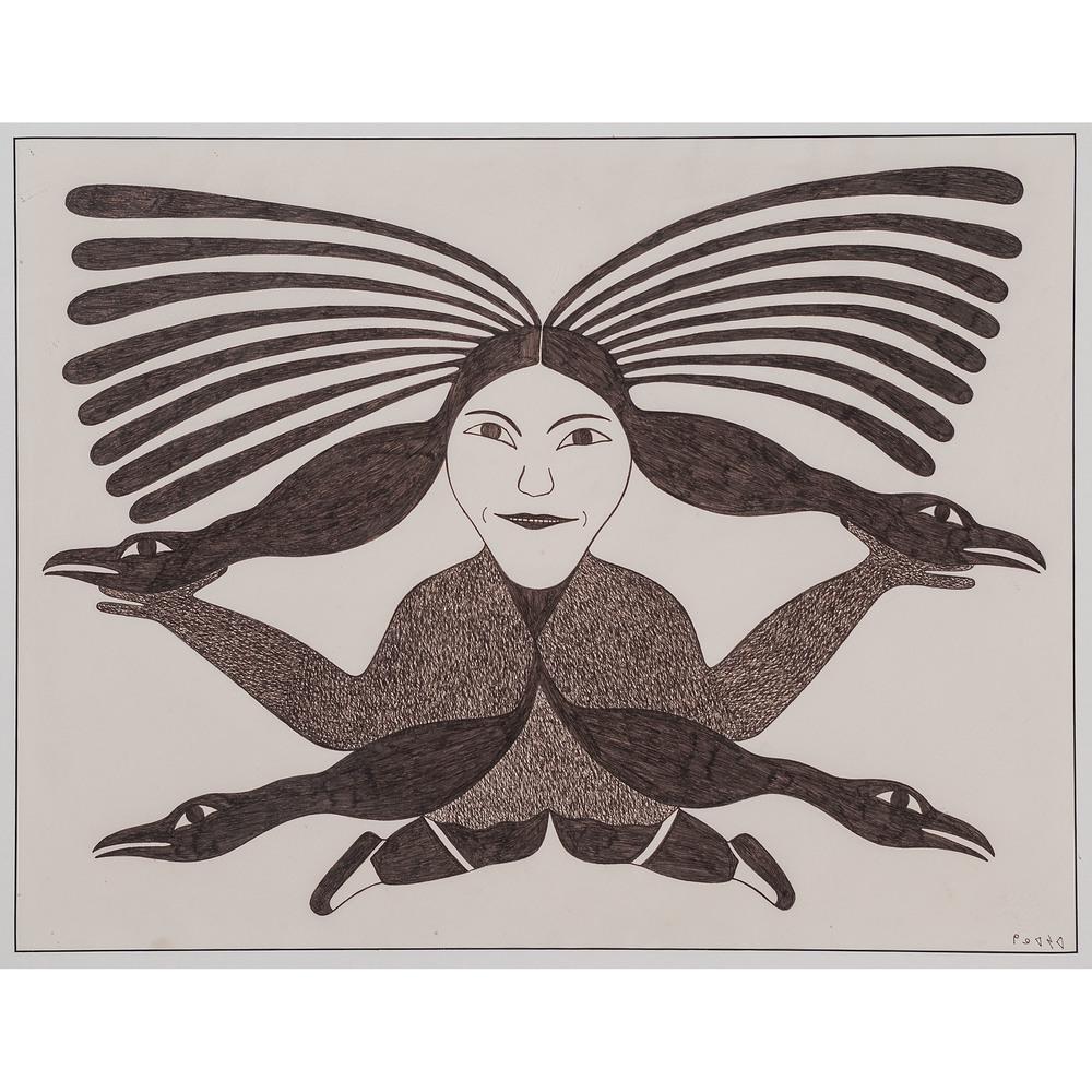 Kenojuak Ashevak (Inuit, 1927-2013) Ink on Paper, From: untitled, shamanic visions of birds signed in syllabics lower right (sight) 19.75 x 25.5 in.; (framed) 32.5 x 26.75 in. nd Provenance: From the Collection of William Rose, Illinois