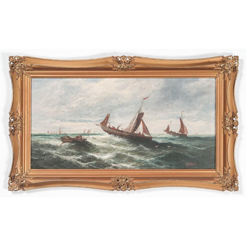 Ernest Lara (British, 1870-1940): Boating Scene oil on canvas signed l.r. framed 11.5 x 23.5 in. (sight) 17.25 x 29.25 in. (frame)