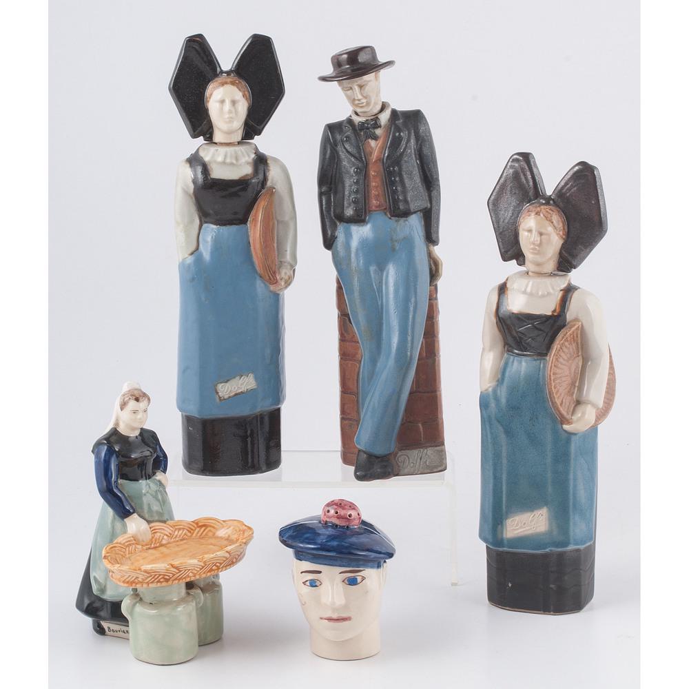 Quimper Figural Flasks, Salt and Dish: French, 19th-20th century. Lot of five including a small dish, a salt shaker, and three flasks. Three marked Dolfi; largest ht. 11.5 in.