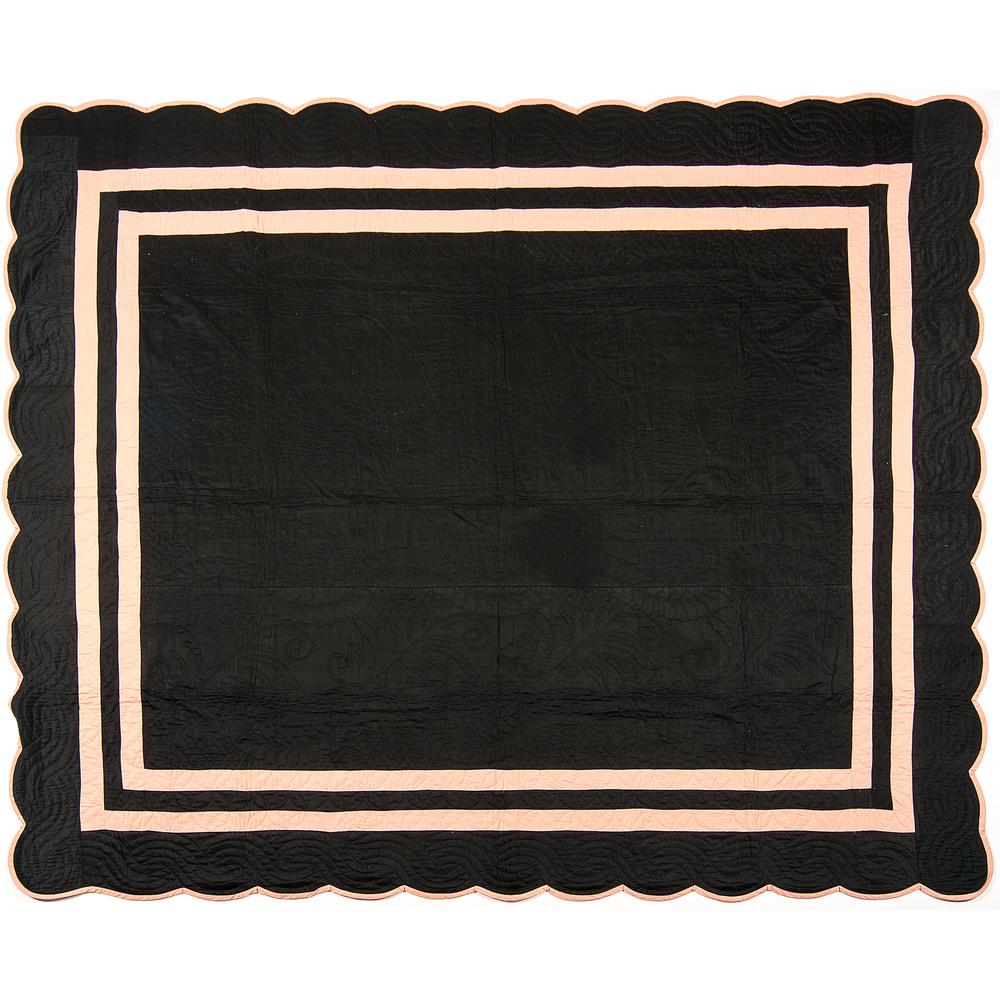 Amish Plain Quilt with Scalloped Edge: American, 20th century. An Amish plain quilt in black and salmon with turquoise backing; 90 x 74.5 in. Provenance: Previously sold in these rooms, March 10, 2018