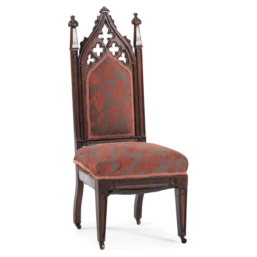 New York Gothic Revival Side Chair, Attr. Thomas Brooks: American (New York), 19th century. A Gothic Revival side chair in rosewood, attributed to Thomas Brooks (1811-1887), having an open carved crest and finial, upholstered back and seat, rising on square