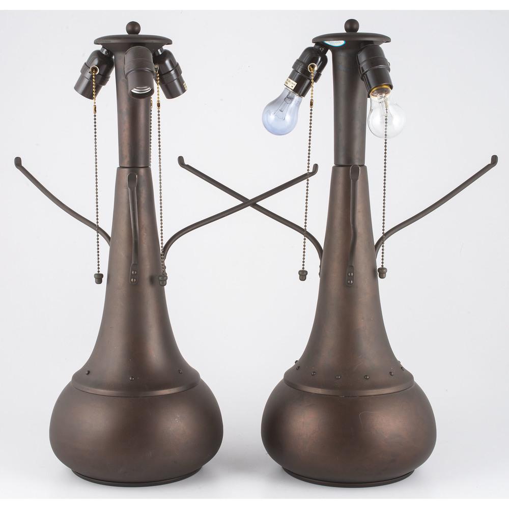 Mica Lamp Co. Copper Lamps with Almond Mica Shades: American, 20th century. A pair of Mica Arts and Crafts-style table lamps with onion bases. Mark and label on underside of base and shade interior of each; oah. 25.5 in., shade dia. 20.5 in. (each).