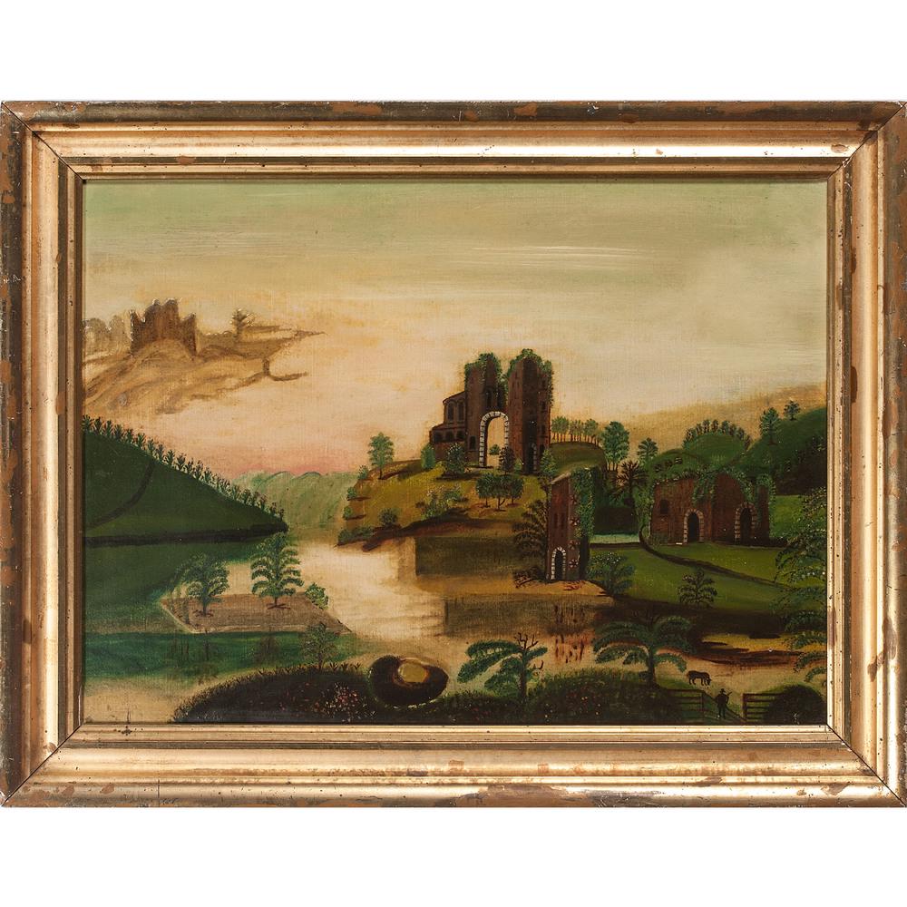American School Landscape, Style of Thomas Chambers: American, 19th century. Oil on canvas, landscape with ruins, unsigned. Framed; 16.75 x 23 in. (sight), 21.75 x 28 in. (frame). Provenance: Property from Donald A. Rich Interiors and Antiques, New Cana