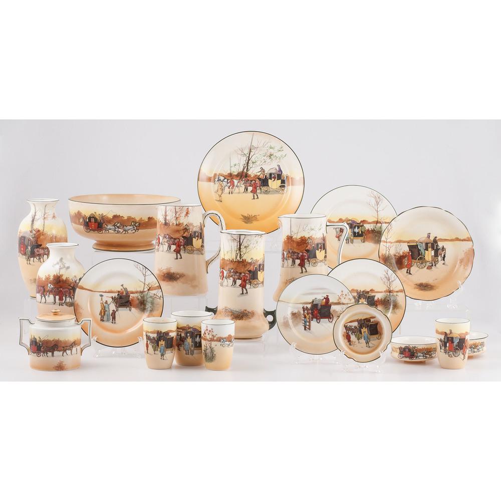 Royal Doulton Coaching Days Tableware and Lamps: English, 19th-20th century. Twenty pieces of tableware and two lamps, all marked; lamp oah. 25 in. (each). Provenance: Property from Donald A. Rich Private Collection, Darien, Connecticut