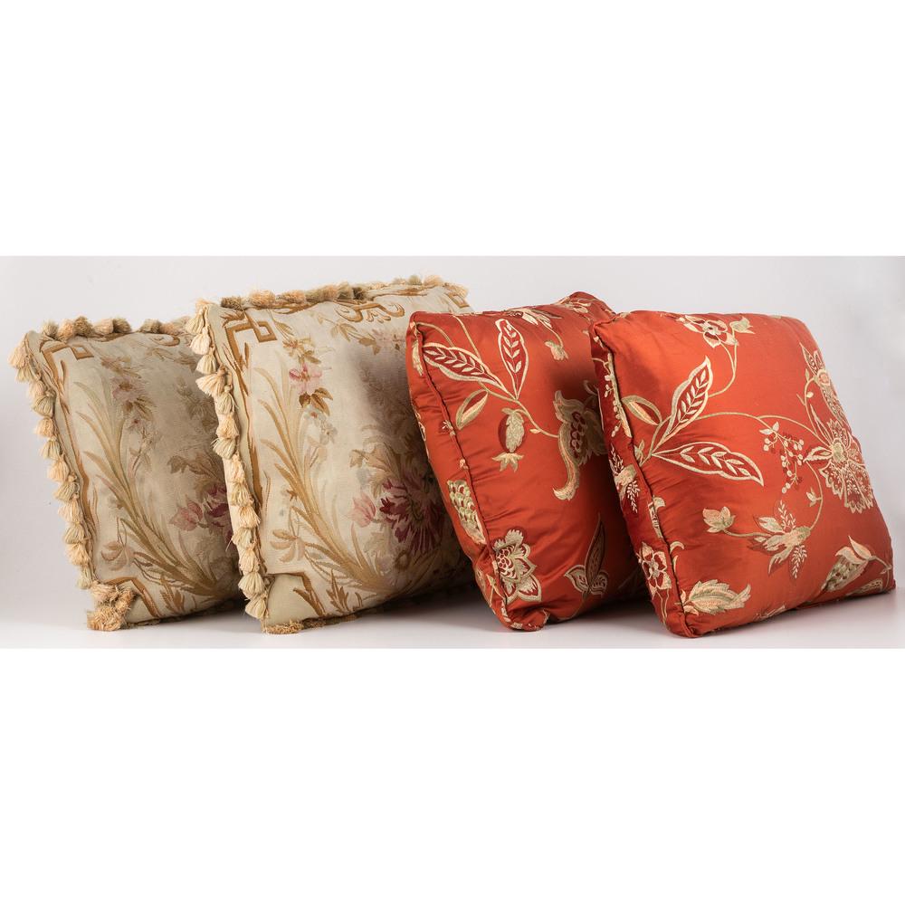 Aubusson and Silk Pillows: 20th century. Two pairs of pillows; larger 18 x 16 in. (each), smaller 15.5 x 16.5 in. (each). Provenance: Property from Donald A. Rich Interiors and Antiques, New Canaan, Connecticut