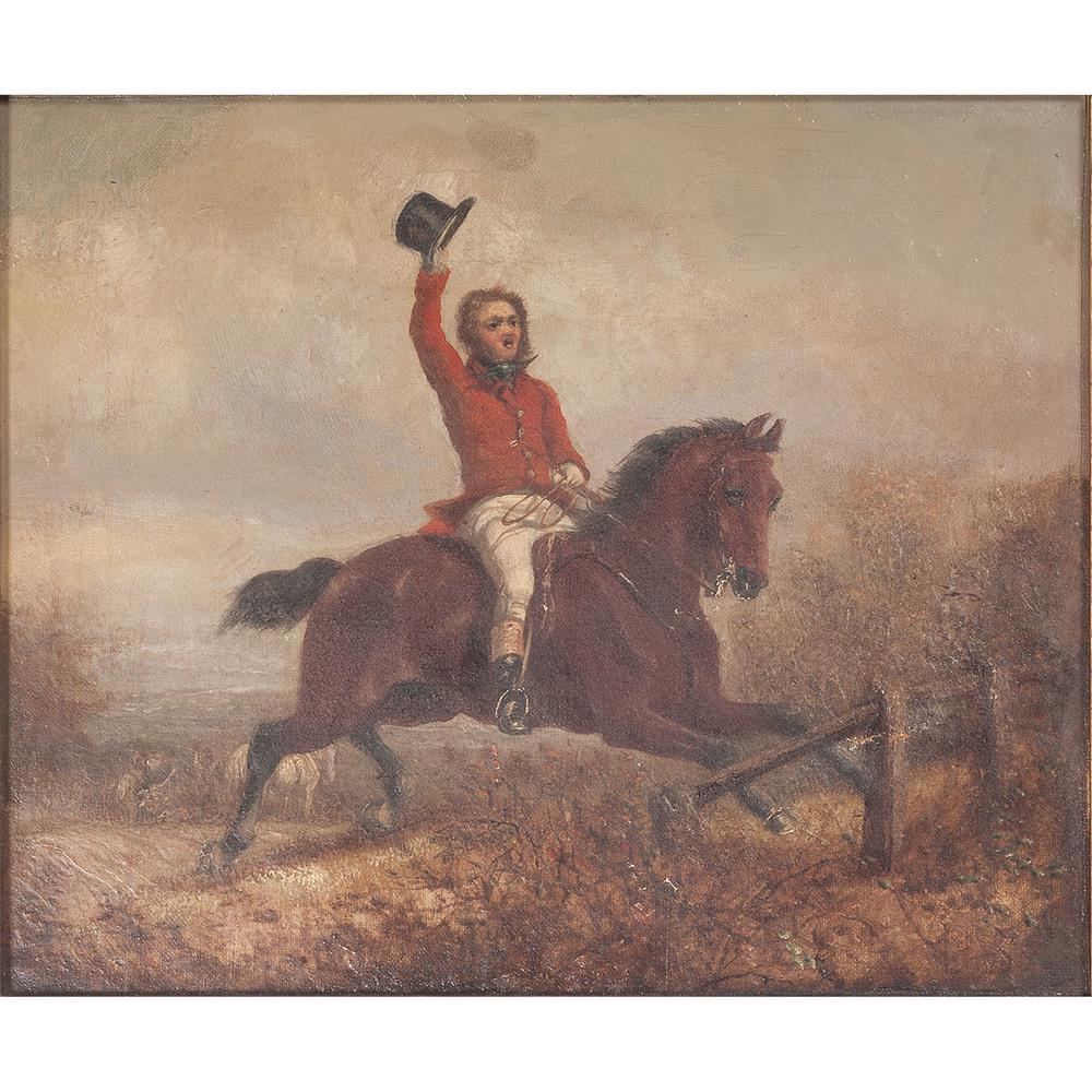 After J.W. Hillyard, Man on Horseback: English, likely 19th century. Oil on canvas, framed. Unsigned; 9.75 x 11.75 in. (sight), 13.75 x 15.75 in. (frame). Provenance: Property from Donald A. Rich Interiors and Antiques, New Canaan, Connect