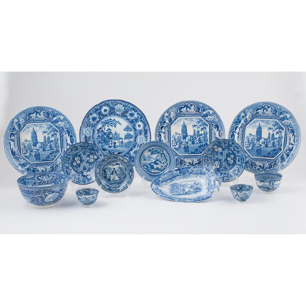 Ridgway, Rogers and Other English Blue Transferware: English. Thirteen pieces of blue transferware, including four plates, four saucers, one bowl, three tea bowls and one shaped serving dish; plate dia. 10 in. Provenance: Property from Donald A. Rich 