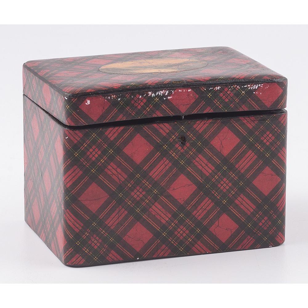Tartan Ware Tea Caddy: Scottish, 19th century. A single compartment caddy, marked Stuart to lid; ht. 3.5, wd. 5, dp. 3.5 in.