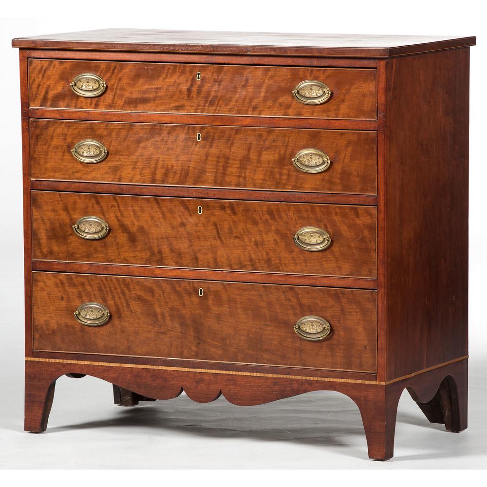 American Hepplewhite Chest of Drawers: American, 19th century. A Hepplewhite chest of drawers in cherry, having a rectangular surface with line inlaid perimeter edge, over four graduating cockbeaded and dovetailed drawers with brass pulls,