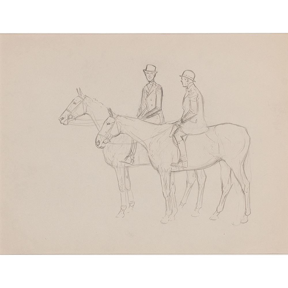 Attributed to Paul Brown (American, 1893-1958): Two Equestrian Pencil Sketches one titled Time of Day in pencil l.r. matted each 8 x 10.25 in. (sight) each 14.25 x 16.5 in. (mat) Provenance: Property from Donald A. Rich Interiors and Antiques, New 