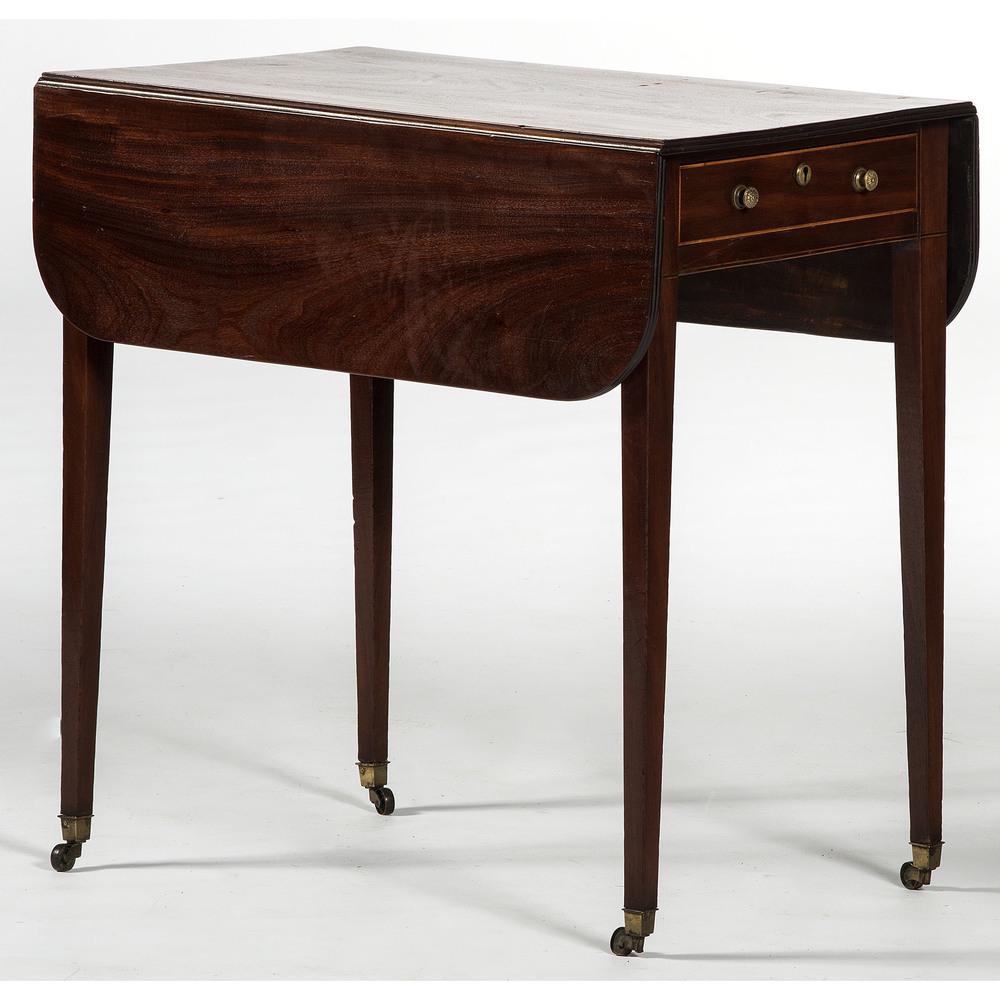 English Hepplewhite-style Pembroke Table: English, 19th century. A Hepplewhite-style pembroke table in mahogany with oak secondary, the rectangular surface with two drop leaves and pull supports, over a single inlaid and faux drawer with bras