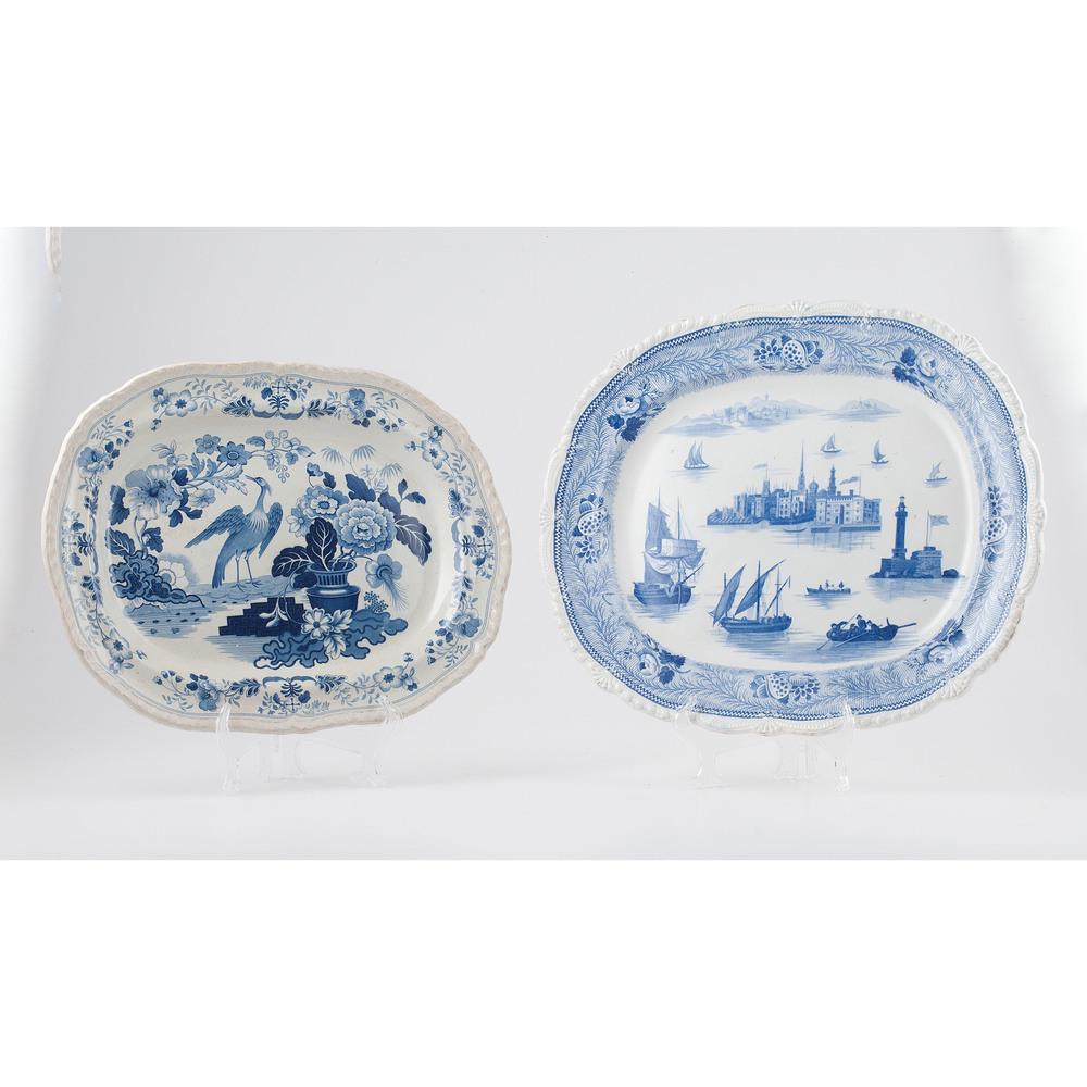 English and Continental Blue and White Platters: 19th century. Two earthenware platters with transfer decoration, one with stamp mark; larger lg. 18.5, wd. 15.5 in., smaller lg. 17, wd. 13 in. Provenance: Property from Donald A. Rich Interiors and A