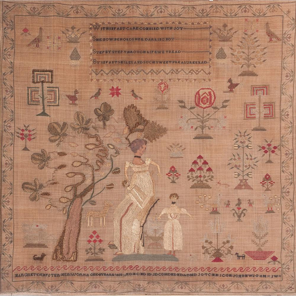 Pictorial Needlework Sampler with Mother and Children: Likely English or Scottish, ca 1820. A needlework sampler featuring a mother and two children sitting under a tree and surrounded by plants and animals. Signed along bottom by Margaret Dempster and da