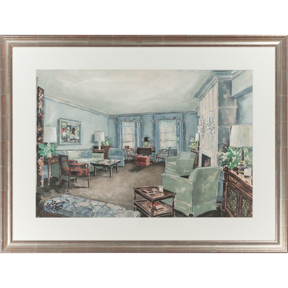 Watercolor of an Interior Scene, Signed Bruce: American, 20th century. Framed; 17.75 x 25.75 in. (sight), 26.25 x 34.25 in. (frame). Provenance: Property from Donald A. Rich Interiors and Antiques, New Canaan, Connecticut