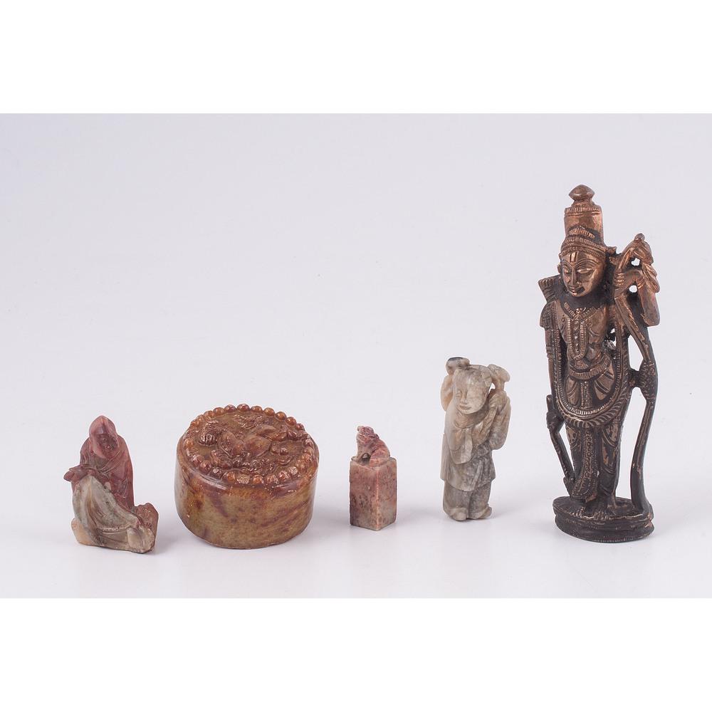 Chinese Sandstone Seals and Figure, Plus: Chinese. Three sandstone seals and one sandstone figure, PLUS a cast and gilt metal standing Shiva figure; Shiva ht. 5.25 in.
