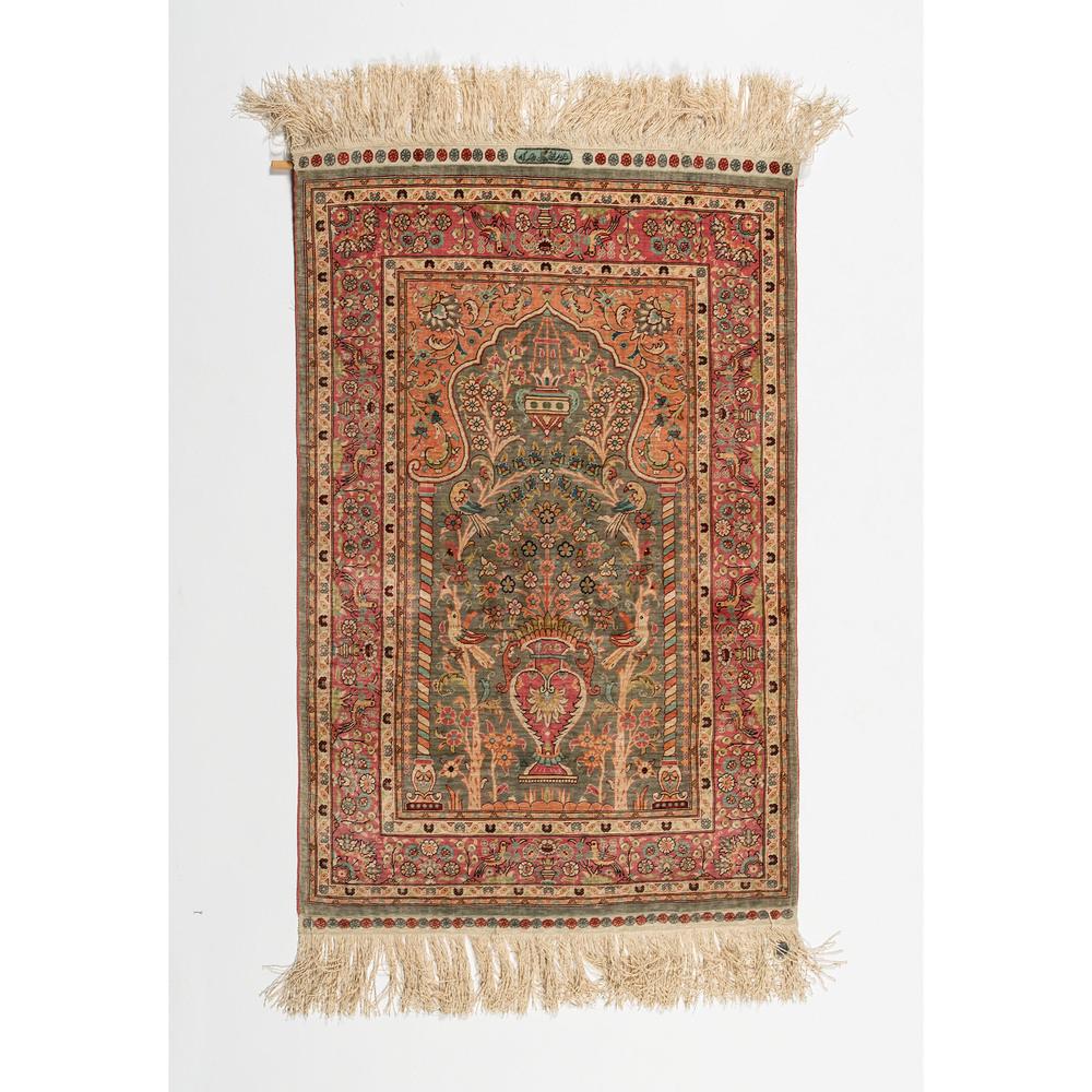 Turkish Hereke Silk Prayer Rug: Turkish, 20th century. 2 ft. 9 in. x 1 ft. 9.25 in. (33 x 21.25 in.; 83.82 x 53.975 cm).